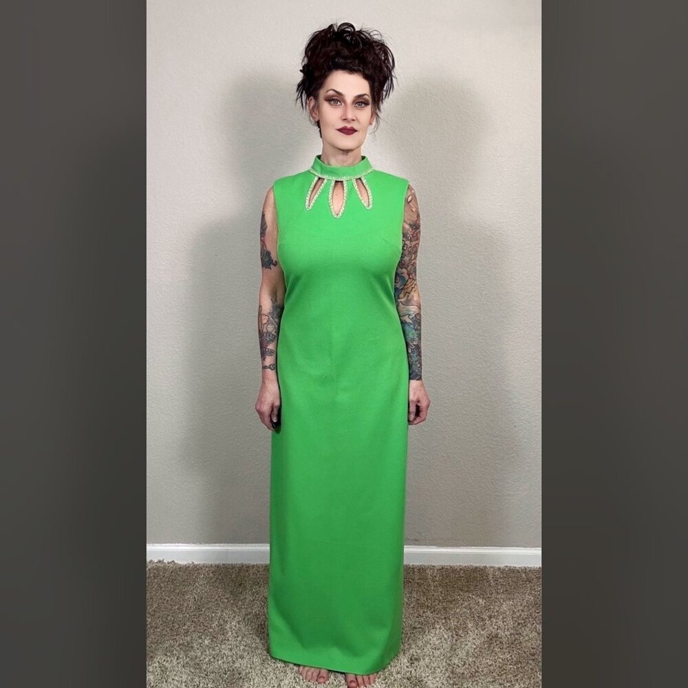 60s Bright Green Maxi Sheath Column Dress Rhinestone MCM Mod Rockabilly Pinup M - Picture 3 of 15